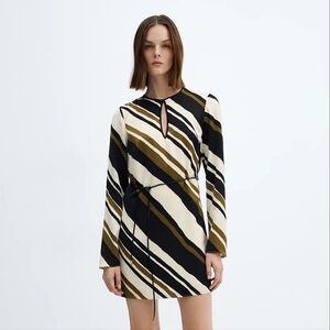 NWT MNG Mango Tie Waist Diagonal Stripe Silky Shift Mini Dress Long Sleeve 8